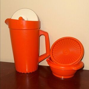 VINTAGE Orange Pitcher and Bowl Set